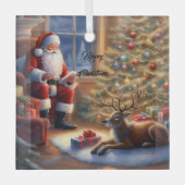 仕事の後 – サンタクロースと彼のトナカイ ガラスオーナメント (正面)