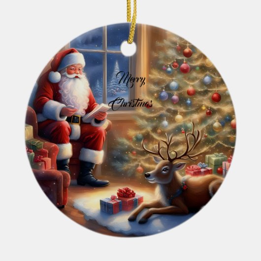 仕事の後 – サンタクロースと彼のトナカイ セラミックオーナメント (正面)