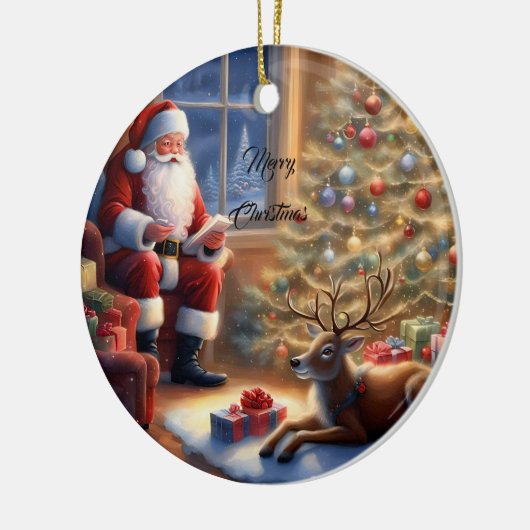 仕事の後 – サンタクロースと彼のトナカイ セラミックオーナメント (左)