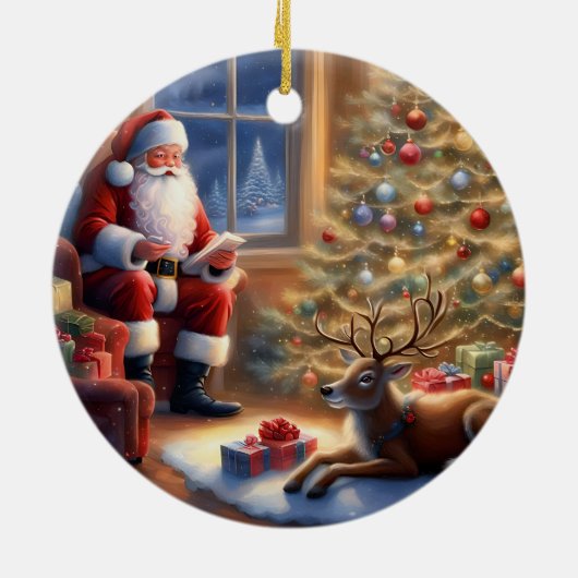 仕事の後 – サンタクロースと彼のトナカイ セラミックオーナメント (裏面)