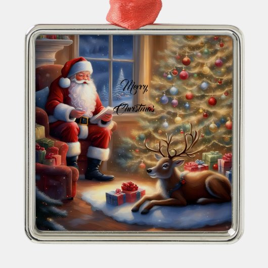 仕事の後 – サンタクロースと彼のトナカイ メタルオーナメント (正面)