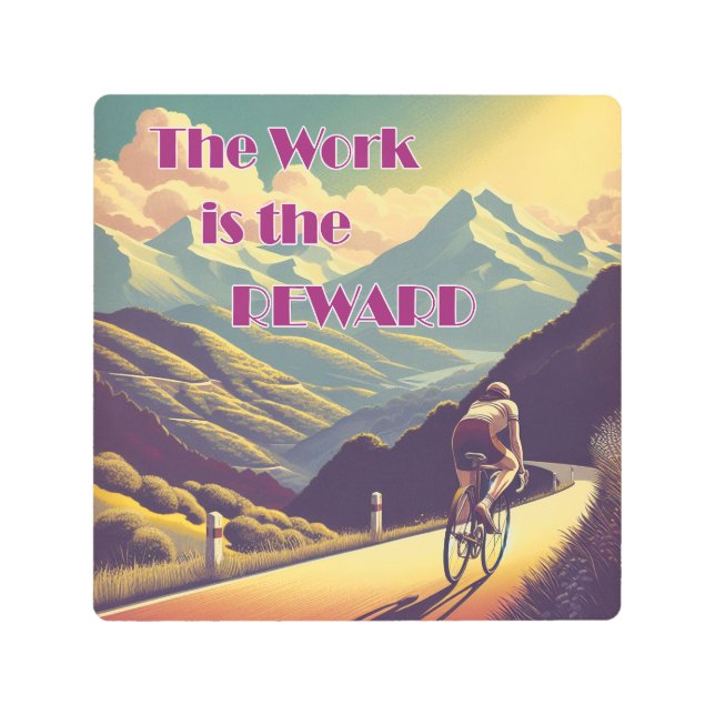 仕事は女性のサイクリストの山々に報いる メタルプリント (正面)