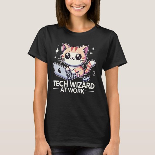 仕事中のテクノロジーの魔法使い ネコ テクサポート ギーク コンピューター Tシャツ (正面)