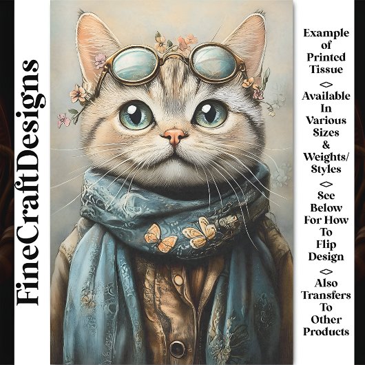 仕様、スカーフ、花AZ7デコページ付きシックな猫 薄葉紙