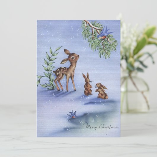 他の人と一緒に雪を楽しむヴィンテージクリスマスディアー シーズンカード (スタンド正面)