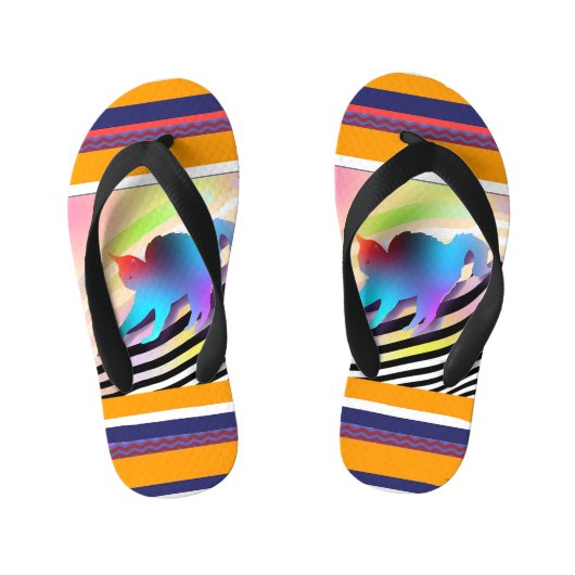 付き青ストライプ猫 キッズビーチサンダル (フットベッド)