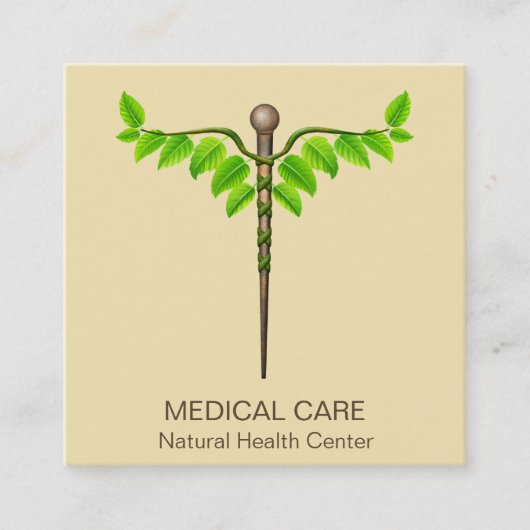 代替メディカルカドゥセウス緑葉色ベージュ スクエア名刺 (正面)
