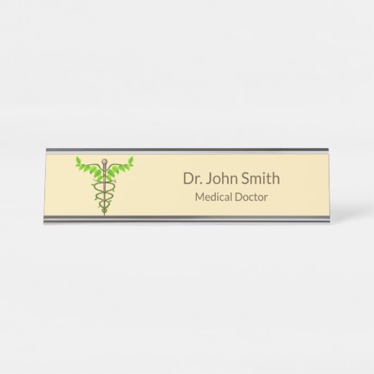 代替メディカルカドゥセウス緑葉色ベージュ デスクネームプレート (正面)