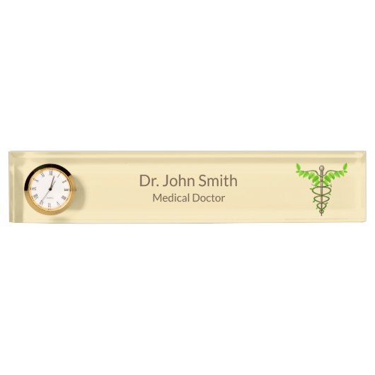 代替メディカルカドゥセウス緑葉色ベージュ デスクネームプレート (正面)