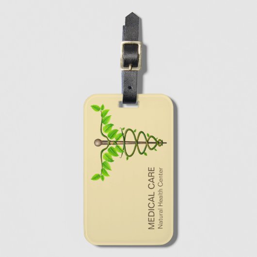 代替メディカルカドゥセウス緑葉色ベージュ ラゲッジタグ (正面縦)