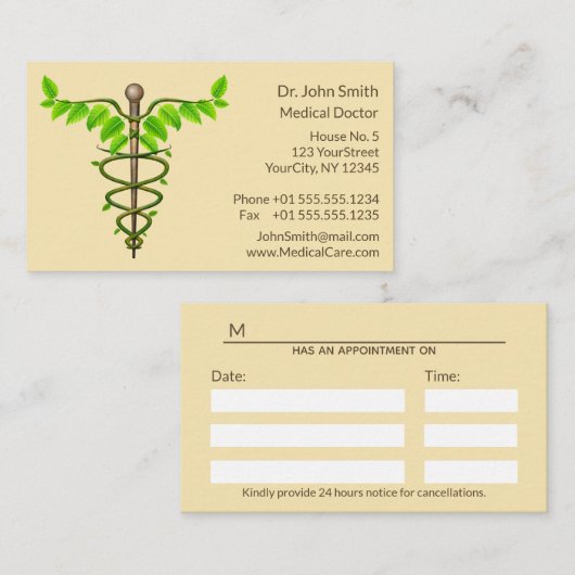 代替メディカルカドゥセウス緑葉色ベージュ 予約カード (正面/裏面)