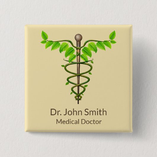 代替メディカルカドゥセウス緑葉色ベージュ 缶バッジ (正面)