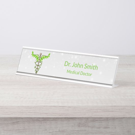 代替メディカルカドゥセウス緑葉色白 デスクネームプレート (正面)
