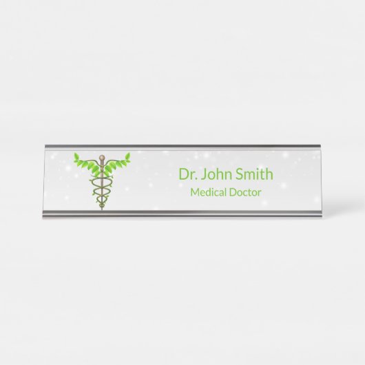 代替メディカルカドゥセウス緑葉色白 デスクネームプレート (正面)