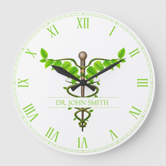 代替メディカルカドゥセウス緑葉色白 ラージ壁時計 (正面)