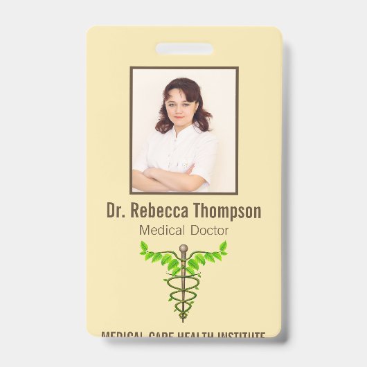代替メディカルカドゥセウス葉グリーンベージュID バッジ (Front)