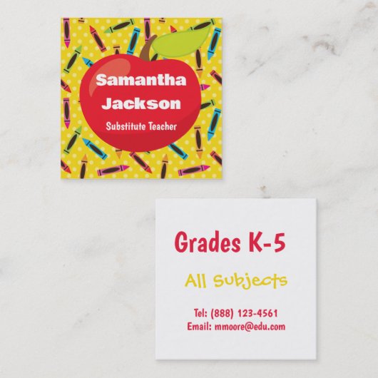 代替先生レッドアップルカラフルクレヨン スクエア名刺 (正面/裏面)