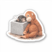 代用人形を抱く赤ちゃんモンキー ビニールステッカー シール (正面)