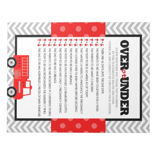 以上または下の消防車の赤ちゃんシャワーゲーム – 40パック ノートパッド (正面)