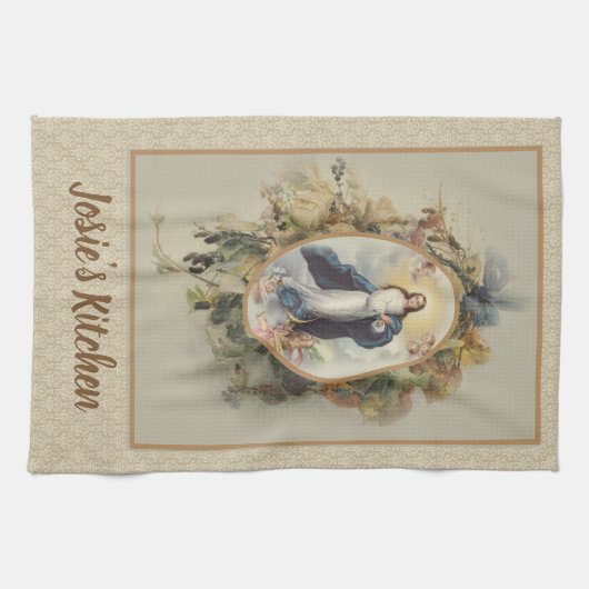 仮定によって聖母マリアの賛美される花柄 キッチンタオル (横)