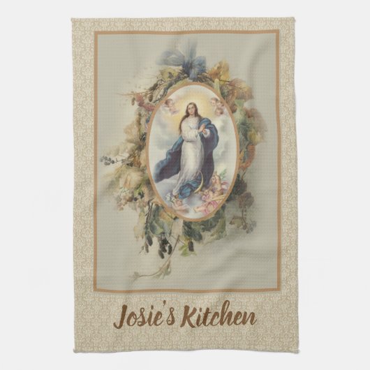 仮定によって聖母マリアの賛美される花柄 キッチンタオル (縦)