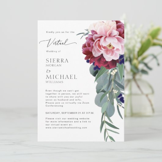 仮想の結婚赤面ピンクバーガンディフローラの葉 招待状 (スタンド正面)