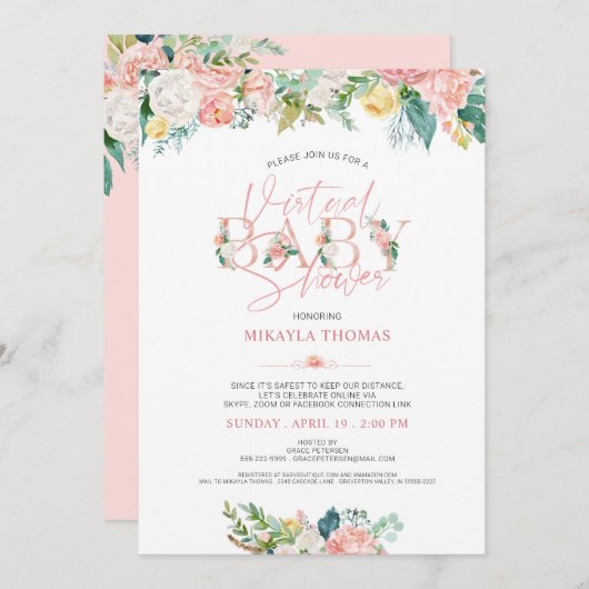 仮想オンライン赤ちゃんシャワーバラ金ゴールドピンクフローラ 招待状 (正面/裏面)