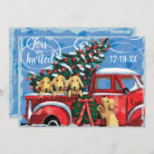 仮想クリスマスパーティーヴィンテージレッドトラックと犬 招待状 (正面/裏面)