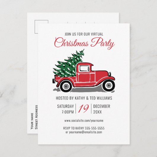 仮想クリスマスパーティーヴィンテージレッドトラックツリー インビテーションポストカード (正面/裏面)