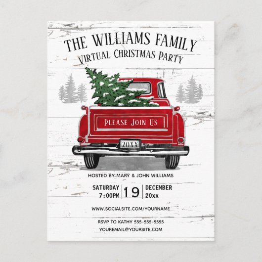 仮想ク素朴リスマスパーティーヴィンテージレッドトラック インビテーションポストカード (正面)