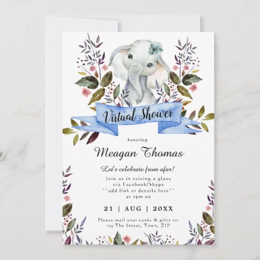 仮想シャワー新しい計画エレファントブルーベビースシャワー 招待状 (正面)