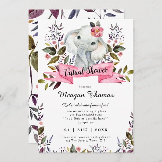 仮想シャワー新計画象のピンクベビーシャワー 招待状 (正面/裏面)