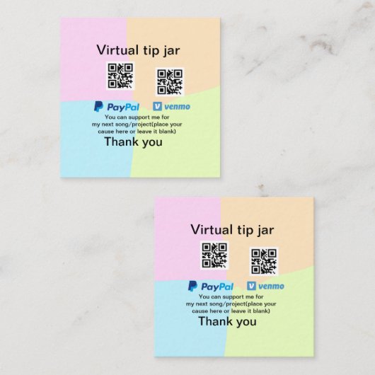 仮想チップjar q rコードマネー寄付PayPal ven スクエア名刺 (正面/裏面)