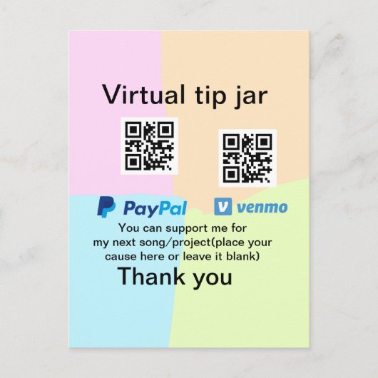 仮想チップjar q rコードマネー寄付PayPal ven ポストカード (正面)