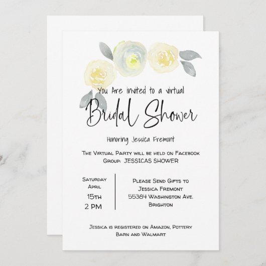 仮想ブライダルウェディングシャワーFacebookイエローグレー 案内状 (正面/裏面)