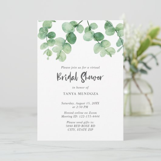 仮想ブライダルシャワーセージ緑ユーカリのスクリプト 招待状 (スタンド正面)