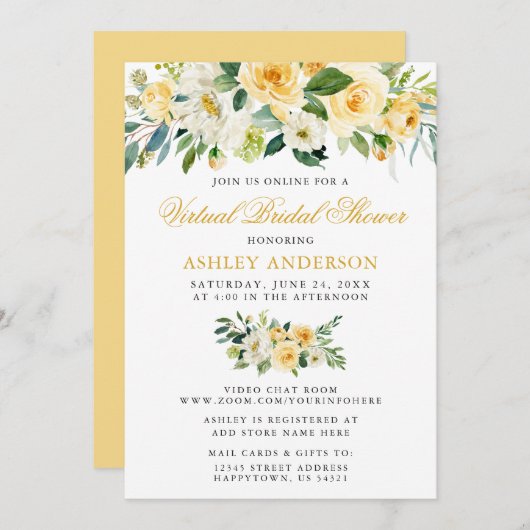 仮想ブライダルシャワー水彩黄色フローラ 招待状 (正面/裏面)