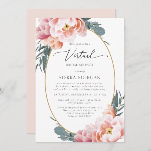 仮想ブライダルシャワー赤面ピンクフローラ牡丹金ゴールド 招待状 (正面/裏面)
