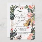 仮想プロムパーティー | ピンクの花とトロピカルグリーン 招待状 (正面)