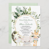 仮想ベビーシャワーの可愛い動物の緑の金ゴールド 招待状 (正面/裏面)