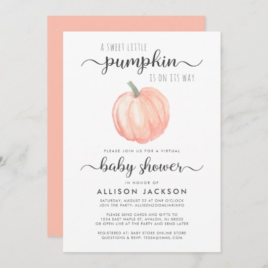仮想ベビーシャワーオレンジカボチャ水彩 招待状 (正面/裏面)