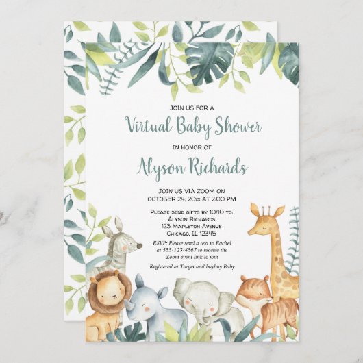 仮想ベビーシャワーサファリ男女兼用動物 招待状 (正面/裏面)