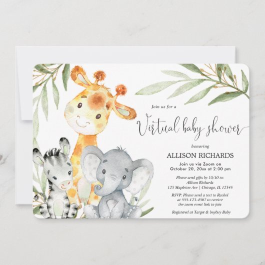 仮想ベビーシャワーサファリ男女兼用動物 招待状 (正面)