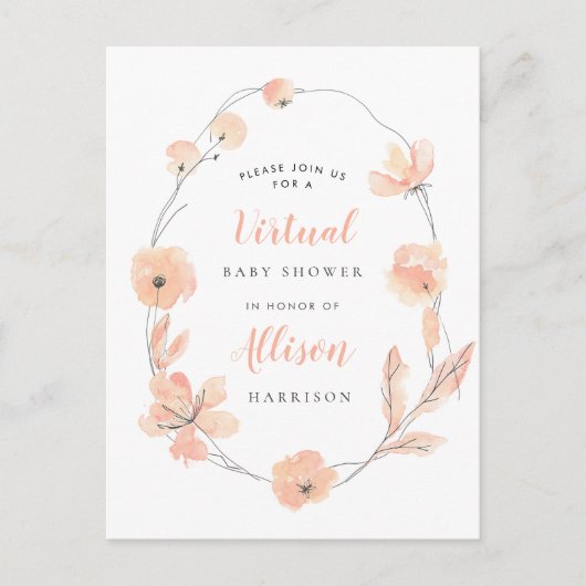 仮想ベビーシャワーサンゴフローラ水色 インビテーションポストカード (正面)