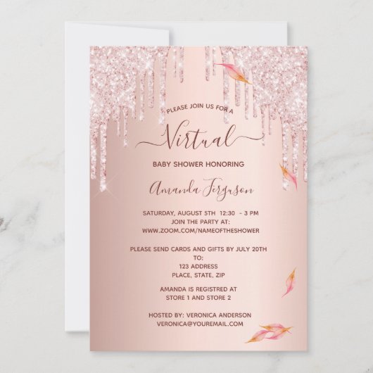 仮想ベビーシャワーバラ金ゴールド秋グリッター乾燥 招待状 (正面)