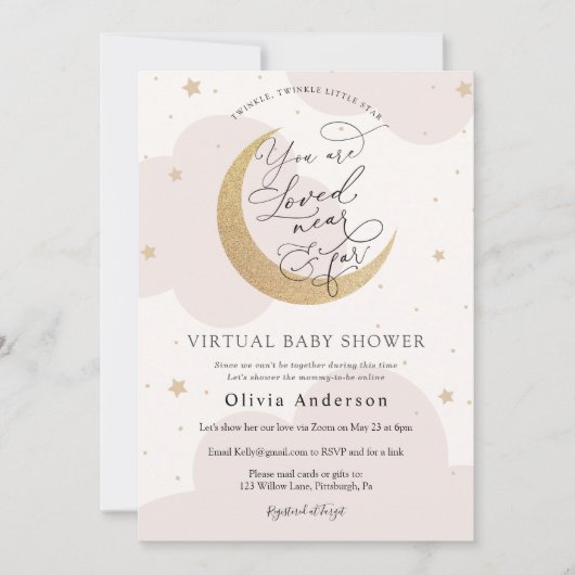 仮想ベビーシャワーピンクのキラキラ星と月 招待状 (正面)