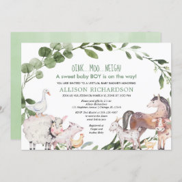 仮想ベビーシャワーファーム納屋周囲の庭動物少年 招待状