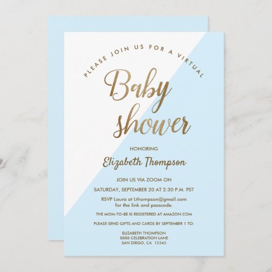 仮想ベビーシャワーブルー男の赤ちゃん 招待状 (正面/裏面)