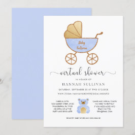 仮想ベビーシャワーボーイ |レトロキャリッジブルー金ゴールド 招待状