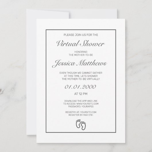 仮想ベビーシャワーモダンミニマリスト白パーティー 招待状 (正面)
